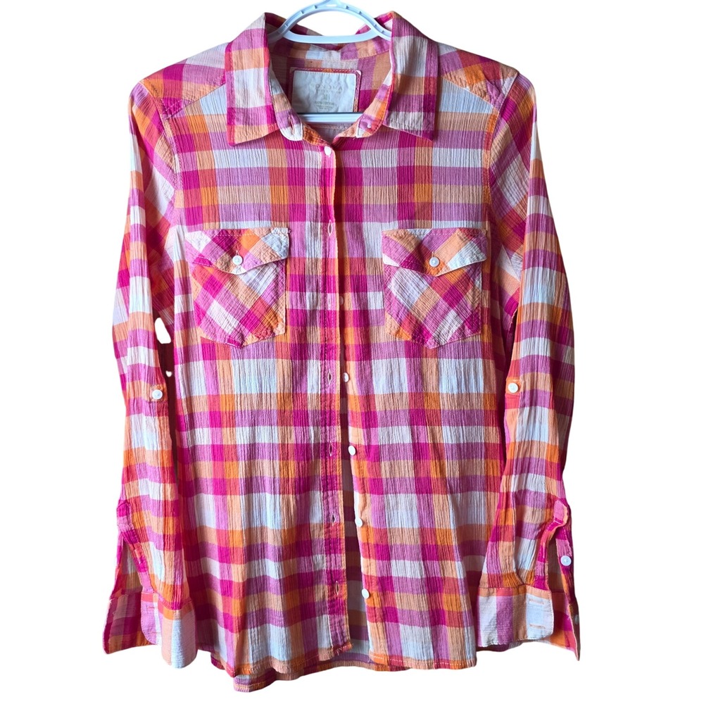Sonoma Pink Orange Plaid Button Up Shirt Women's M 100% Cotton Long Sleeve